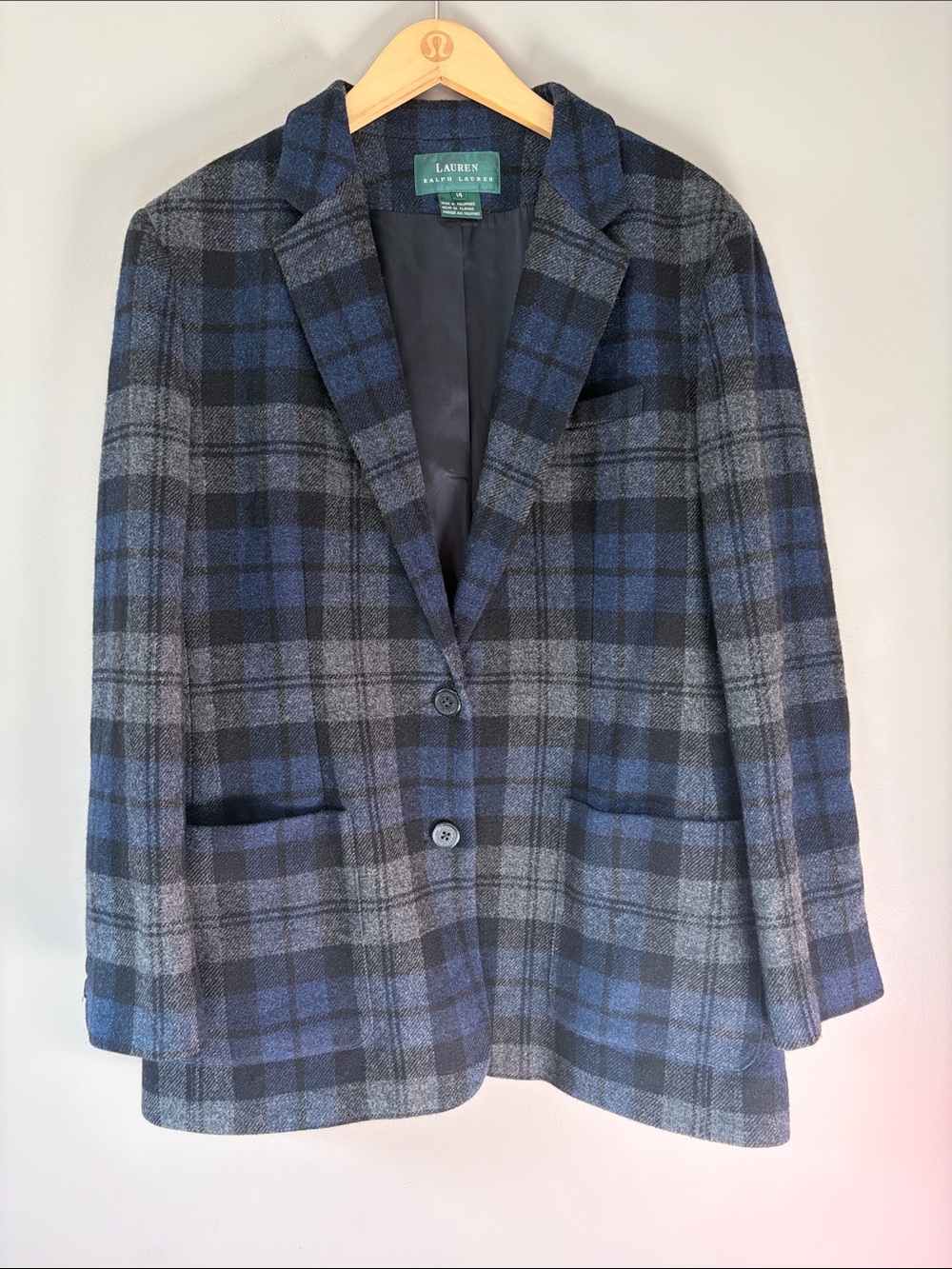 Lauren Ralph Lauren Tartan Plaid Wool Blazer Size 14 Black Gray Blue Jacket Coat